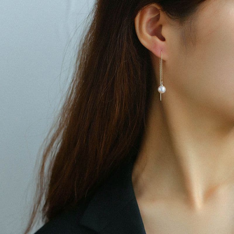 レディースピアス 上品な真珠付き細身チェーン垂れ下がりピアス