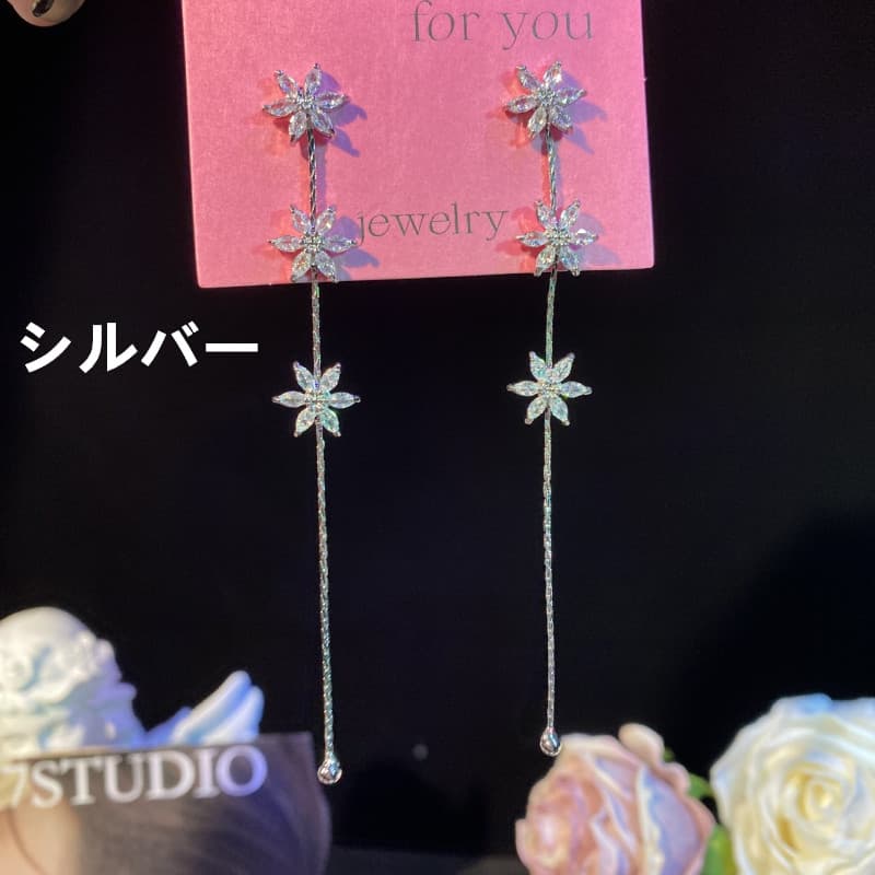 ピアスレディース 花モチーフ チェーンピアス 揺れる 透明 長め 十四金 浴衣対応