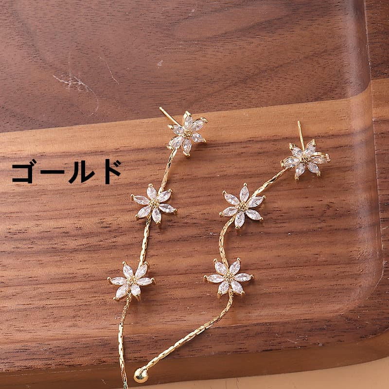 ピアスレディース 花モチーフ チェーンピアス 揺れる 透明 長め 十四金 浴衣対応